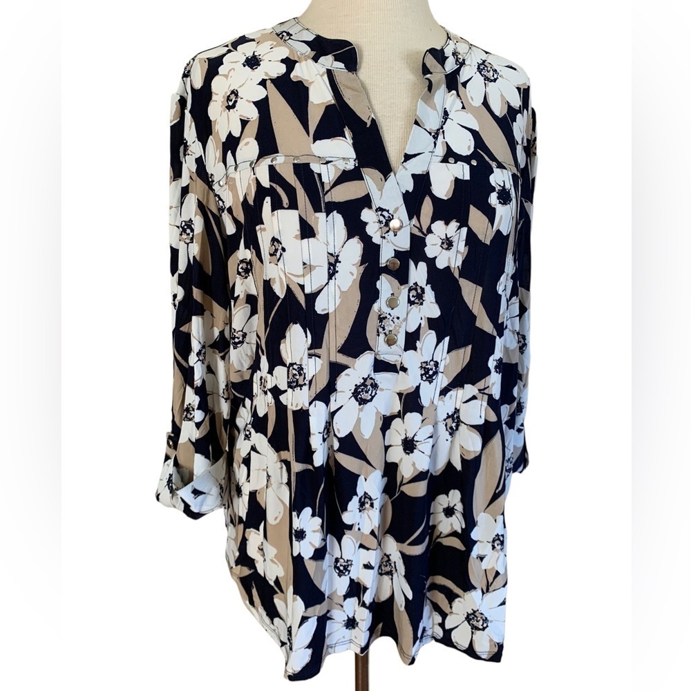 COCOMO XL Floral Blue Beige 3/4 sleeve women’s Pintuck Blouse tunic top … - Picture 3 of 12
